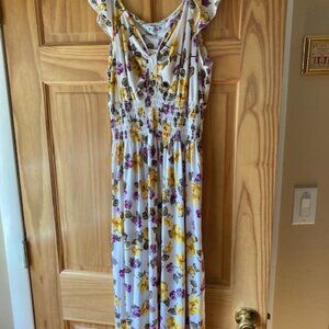 Feminine floral flutter sleeve dress, midi- white w/purple and yellow flowers